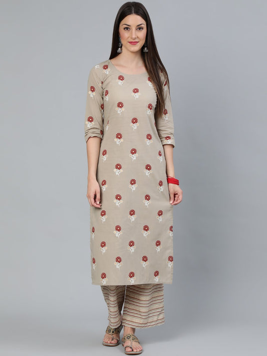 Women Beige & Maroon Printed Straight  Kurta With Plazzo | LASVINI - Redefining Indian Fashion with Elegance