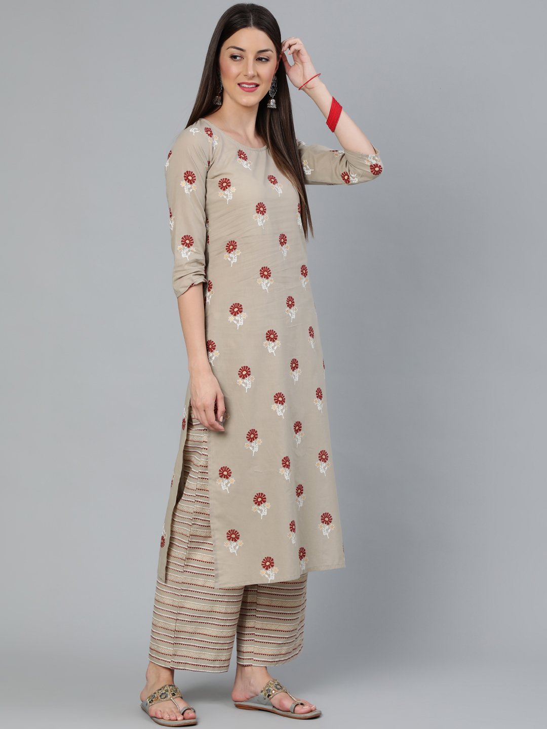 Women Beige & Maroon Printed Straight  Kurta With Plazzo | LASVINI - Redefining Indian Fashion with Elegance