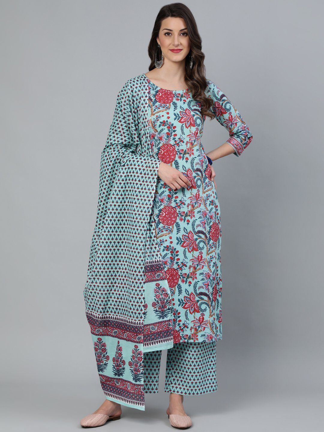 Women Sea Green Printed Straight  Kurta With Plazzo & Dupatta | LASVINI - Redefining Indian Fashion with Elegance