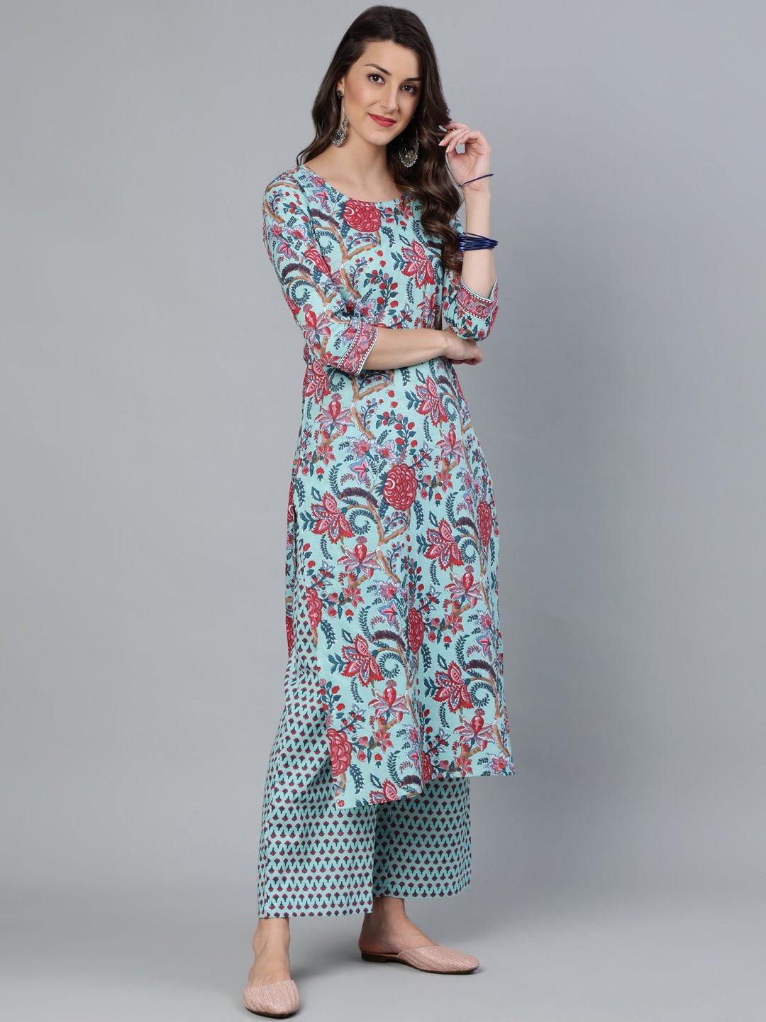 Women Sea Green Printed Straight  Kurta With Plazzo & Dupatta | LASVINI - Redefining Indian Fashion with Elegance