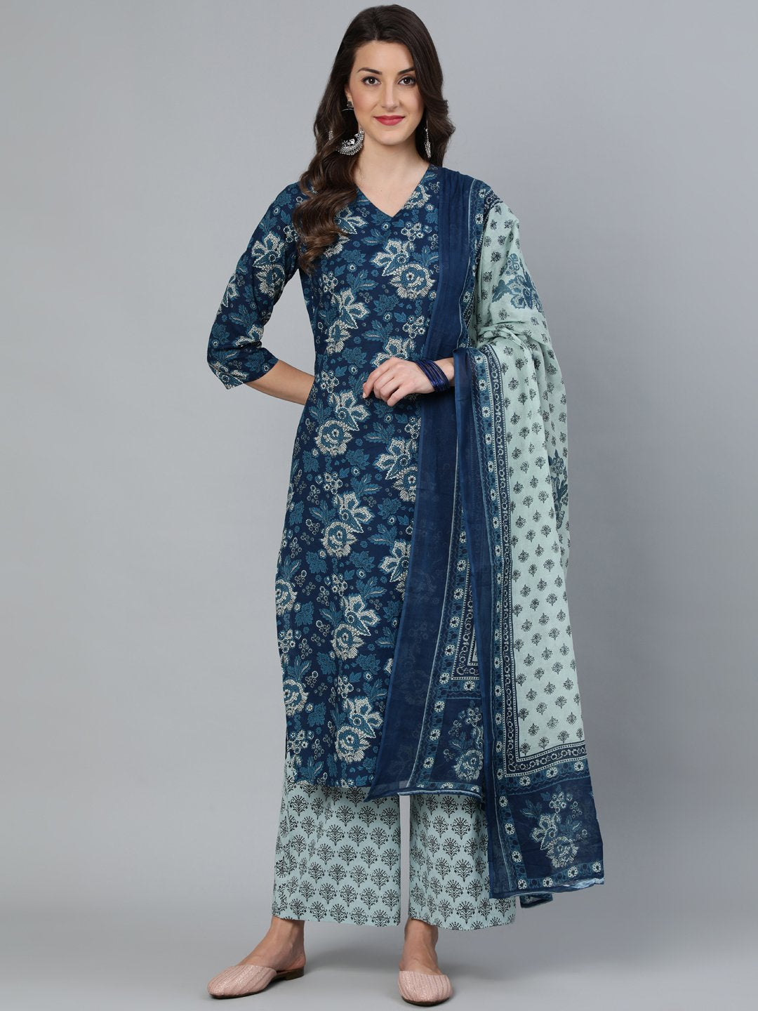 Women Indigo Blue Printed Straight  Kurta With Plazzo & Dupatta | LASVINI - Redefining Indian Fashion with Elegance