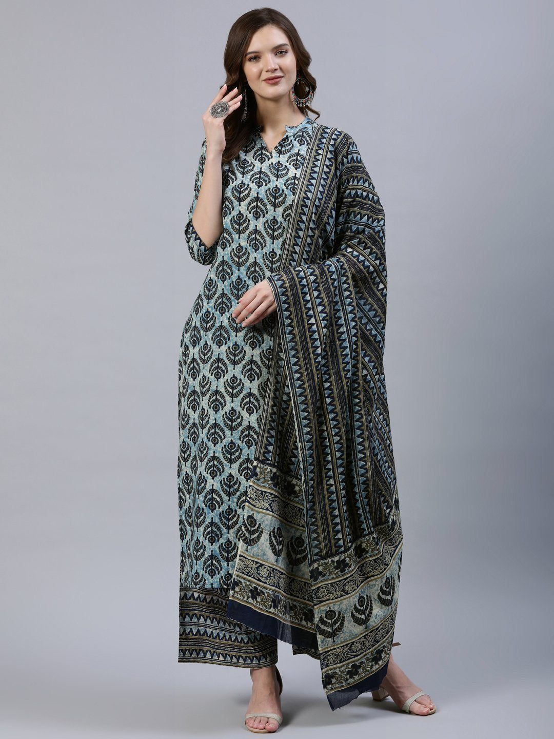 Women Blue Printed Straight Kurta With Palazo & Dupatta | LASVINI - Redefining Indian Fashion with Elegance