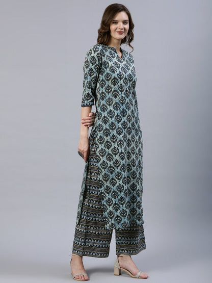 Women Blue Printed Straight Kurta With Palazo & Dupatta | LASVINI - Redefining Indian Fashion with Elegance