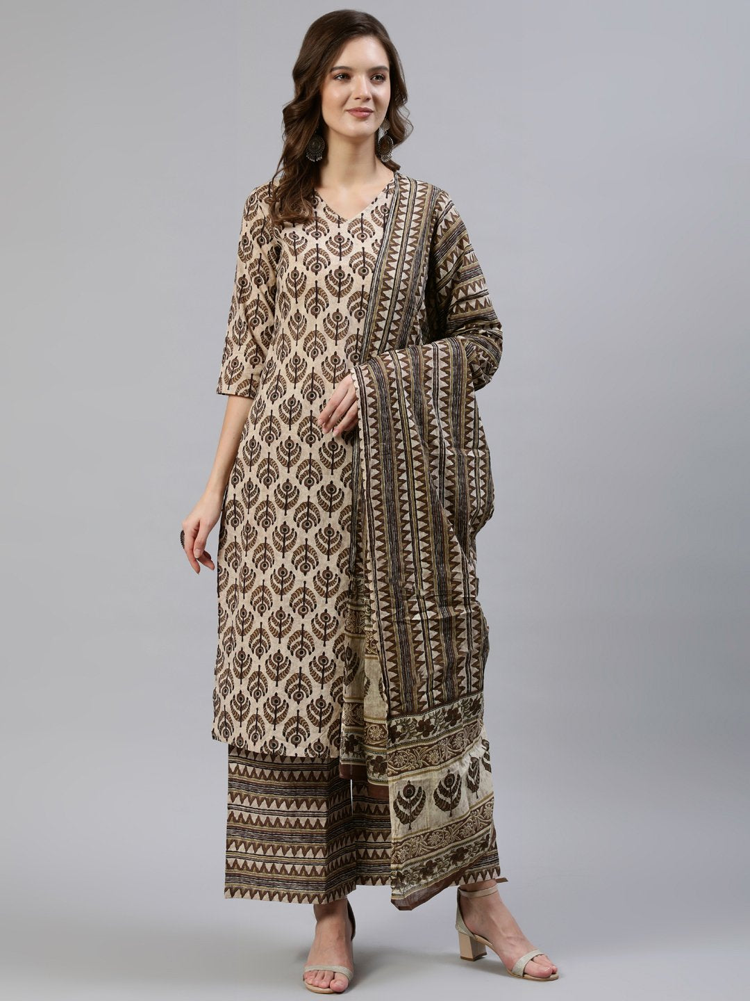 Women Brown Printed Straight Kurta With Palazo & Dupatta | LASVINI - Redefining Indian Fashion with Elegance