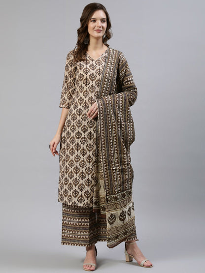 Women Brown Printed Straight Kurta With Palazo & Dupatta | LASVINI - Redefining Indian Fashion with Elegance