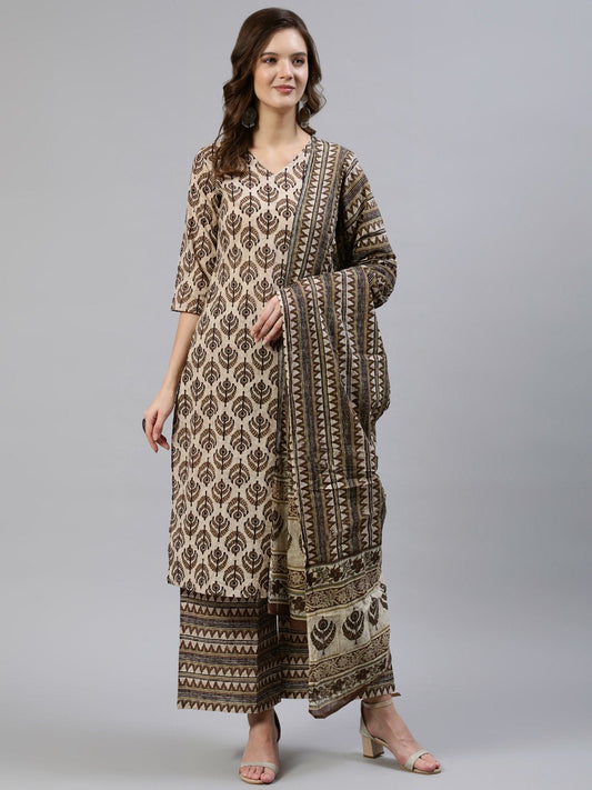 Women Brown Printed Straight Kurta With Palazo & Dupatta | LASVINI - Redefining Indian Fashion with Elegance
