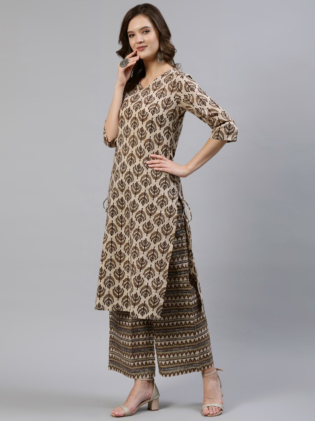 Women Brown Printed Straight Kurta With Palazo & Dupatta | LASVINI - Redefining Indian Fashion with Elegance