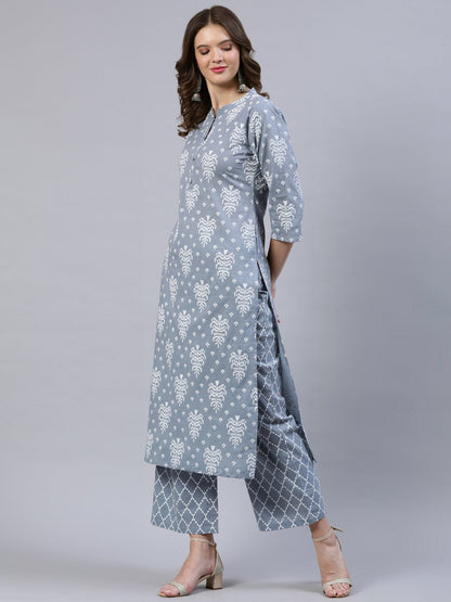 Women Grey & Off-White Printed Straight Kurta With Palazo | LASVINI - Redefining Indian Fashion with Elegance