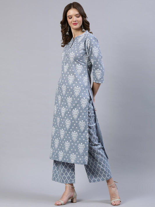 Women Grey & Off-White Printed Straight Kurta With Palazo | LASVINI - Redefining Indian Fashion with Elegance