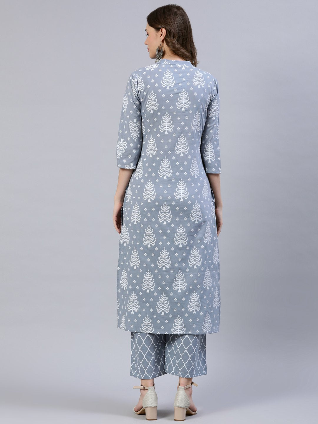 Women Grey & Off-White Printed Straight Kurta With Palazo | LASVINI - Redefining Indian Fashion with Elegance