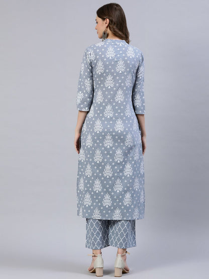 Women Grey & Off-White Printed Straight Kurta With Palazo | LASVINI - Redefining Indian Fashion with Elegance