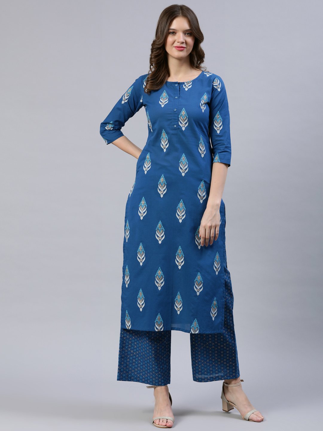 Women Teal Blue Printed Straight Kurta With Palazo | LASVINI - Redefining Indian Fashion with Elegance