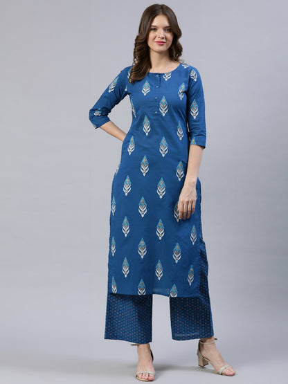 Women Teal Blue Printed Straight Kurta With Palazo | LASVINI - Redefining Indian Fashion with Elegance
