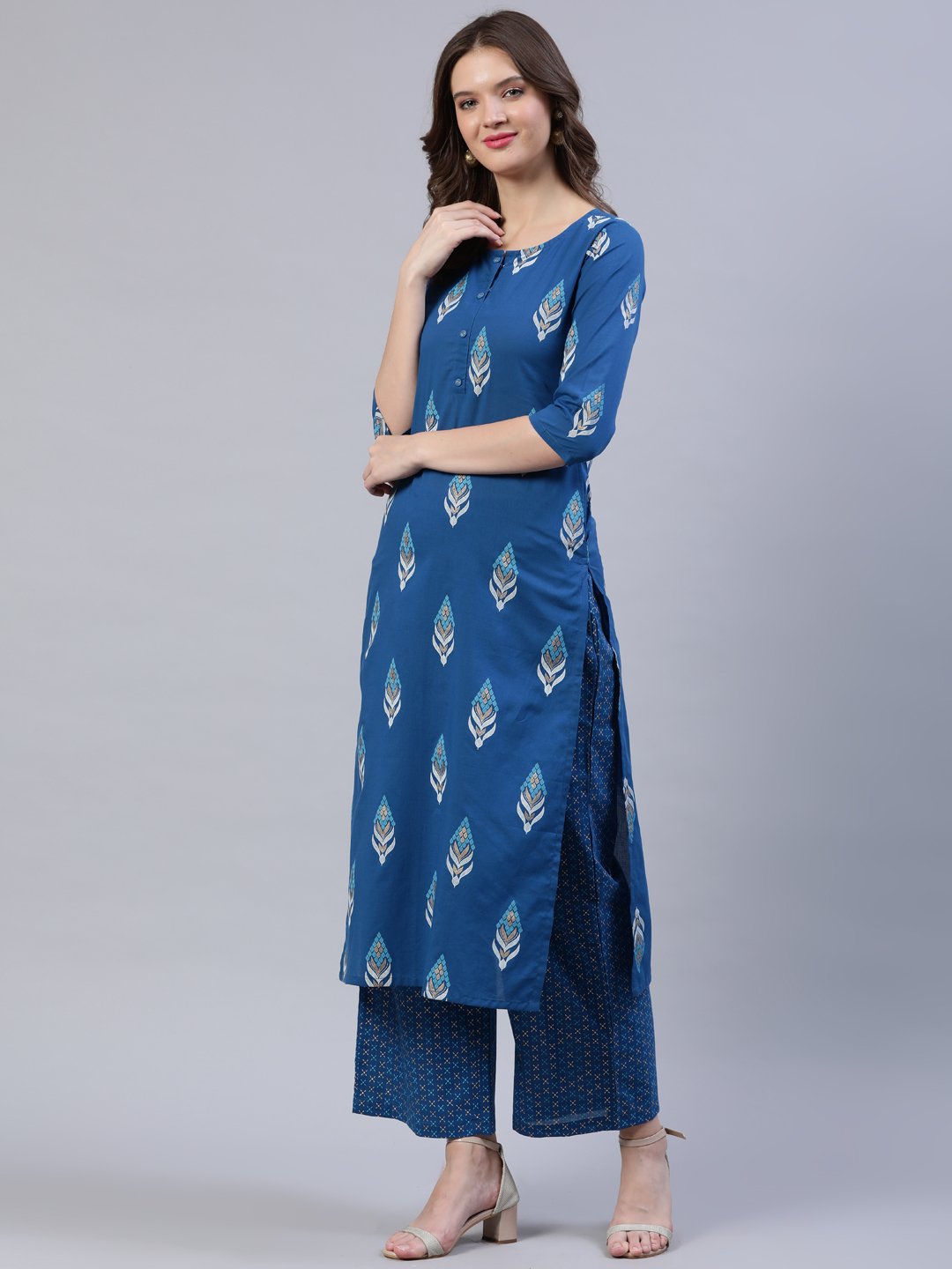 Women Teal Blue Printed Straight Kurta With Palazo | LASVINI - Redefining Indian Fashion with Elegance
