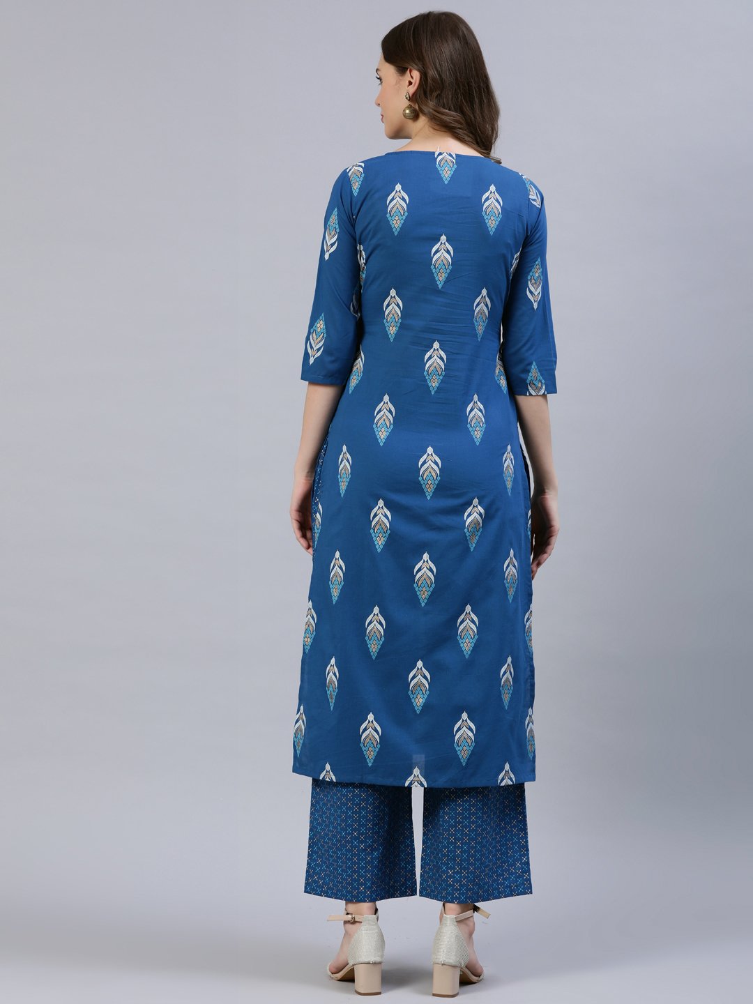 Women Teal Blue Printed Straight Kurta With Palazo | LASVINI - Redefining Indian Fashion with Elegance