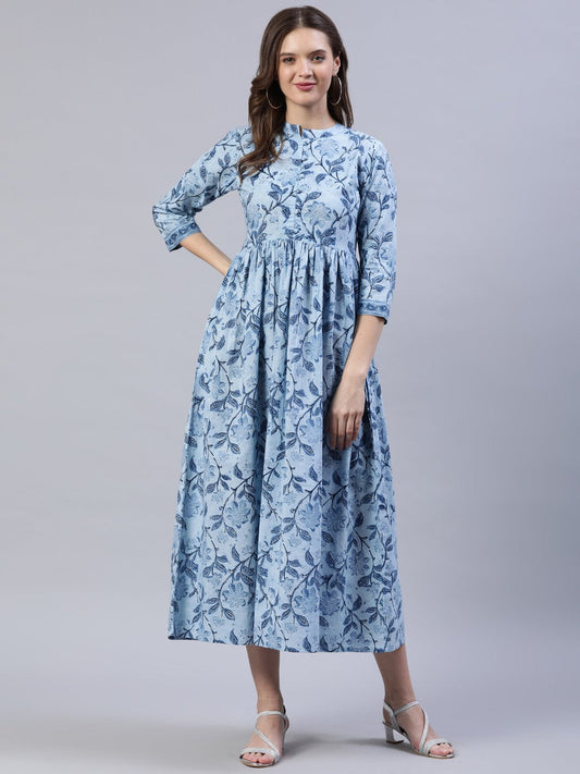Women Blue Floral Printed Dress With Three Quarter Sleeves | LASVINI - Redefining Indian Fashion with Elegance