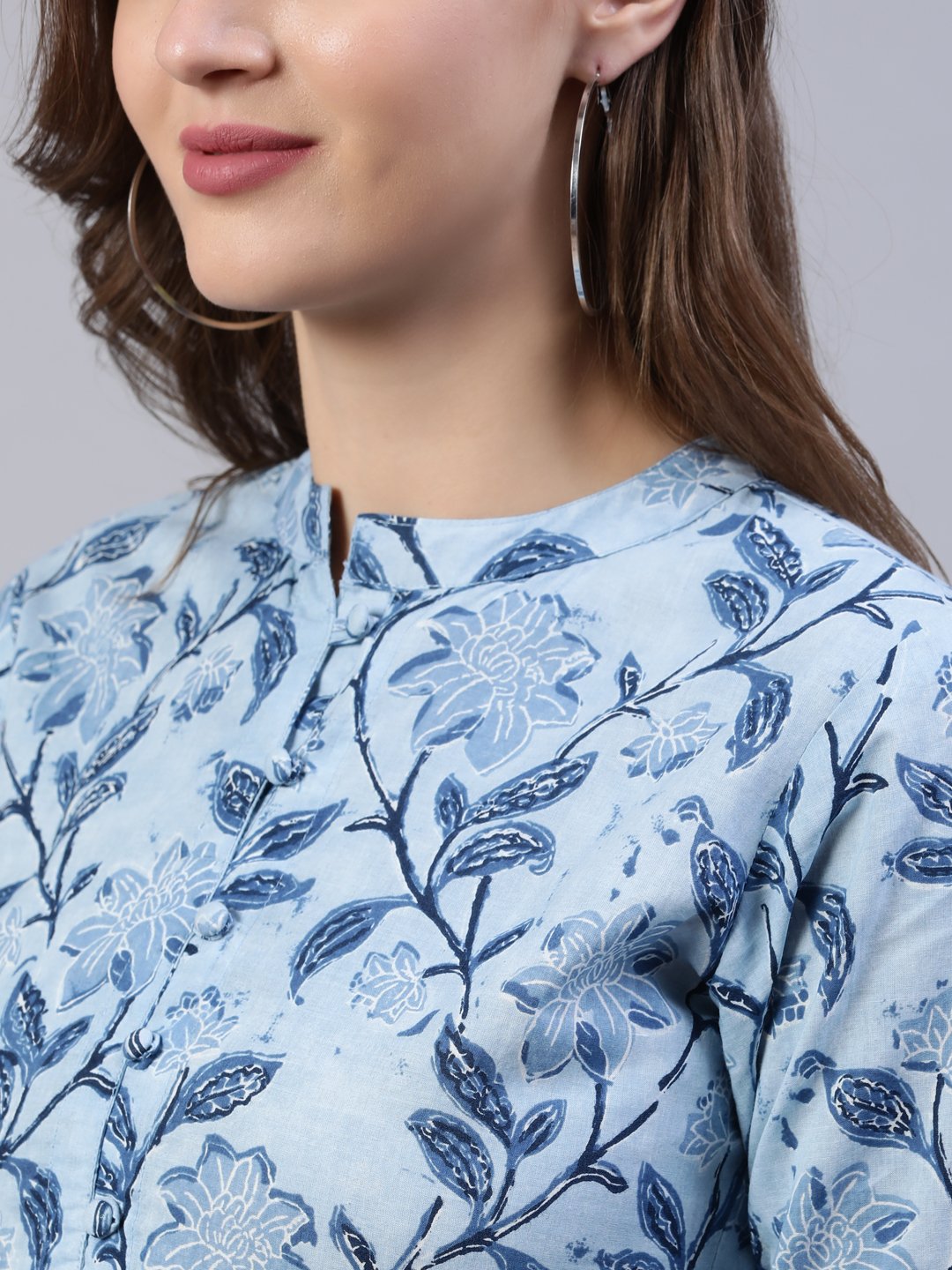 Women Blue Floral Printed Dress With Three Quarter Sleeves | LASVINI - Redefining Indian Fashion with Elegance