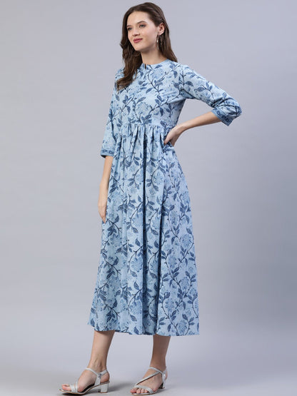 Women Blue Floral Printed Dress With Three Quarter Sleeves | LASVINI - Redefining Indian Fashion with Elegance