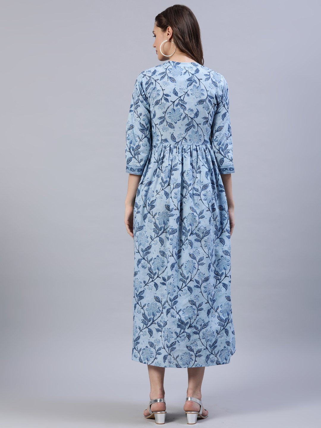 Women Blue Floral Printed Dress With Three Quarter Sleeves | LASVINI - Redefining Indian Fashion with Elegance
