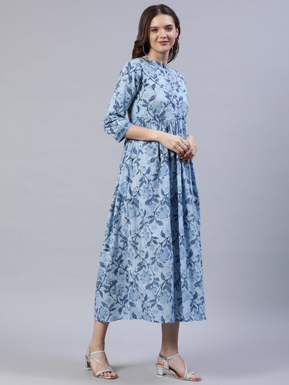 Women Blue Floral Printed Dress With Three Quarter Sleeves | LASVINI - Redefining Indian Fashion with Elegance