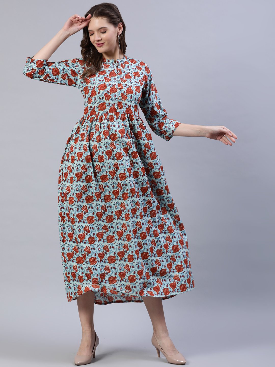 Women Blue & Rust Floral Printed Dress With Three Quarter Sleeves | LASVINI - Redefining Indian Fashion with Elegance