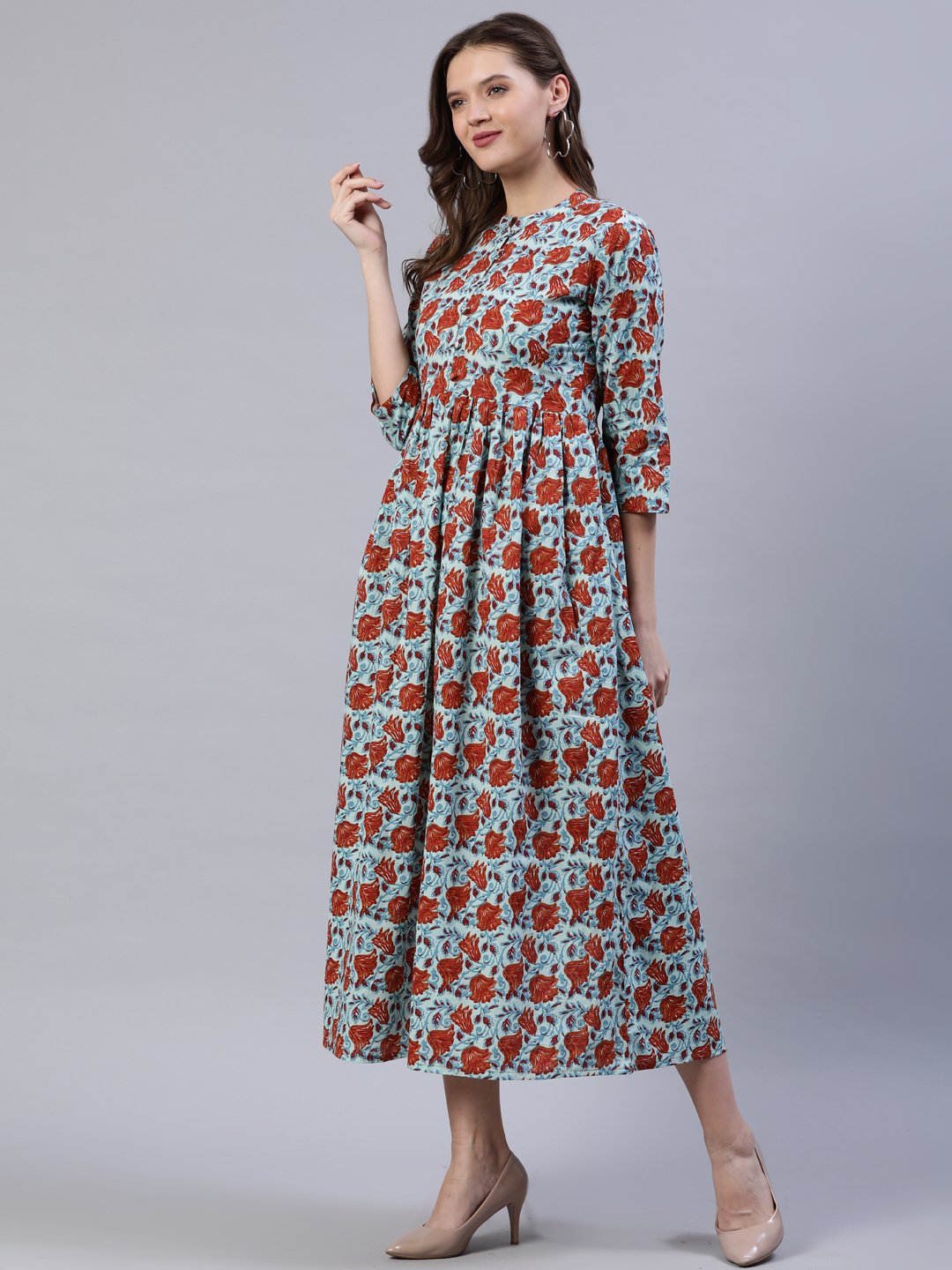 Women Blue & Rust Floral Printed Dress With Three Quarter Sleeves | LASVINI - Redefining Indian Fashion with Elegance