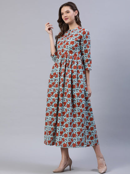 Women Blue & Rust Floral Printed Dress With Three Quarter Sleeves | LASVINI - Redefining Indian Fashion with Elegance