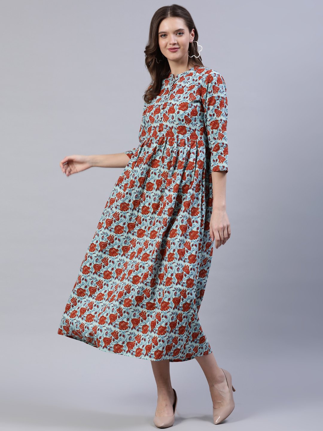 Women Blue & Rust Floral Printed Dress With Three Quarter Sleeves | LASVINI - Redefining Indian Fashion with Elegance