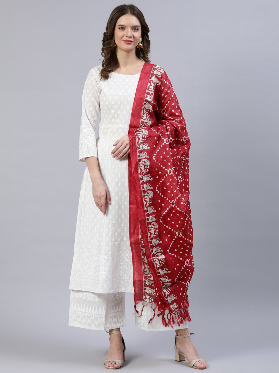 Women Off-White Printed A- Line Kurta With Palazo & Dupatta | LASVINI - Redefining Indian Fashion with Elegance
