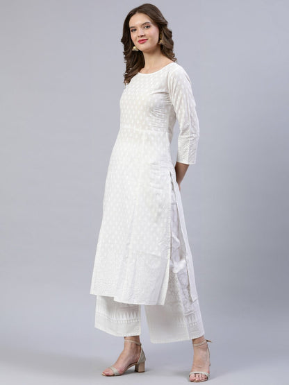 Women Off-White Printed A- Line Kurta With Palazo & Dupatta | LASVINI - Redefining Indian Fashion with Elegance
