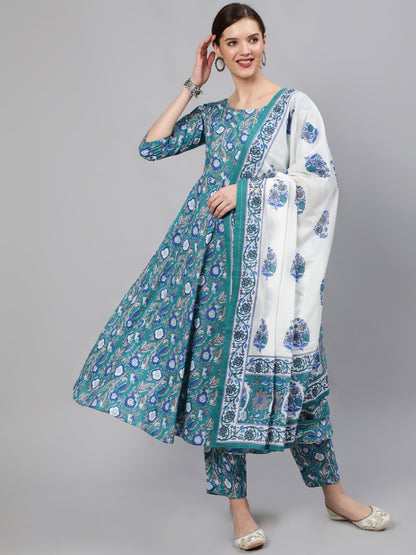 Women Blue Printed Flared Kurta With Plazo & Dupatta | LASVINI - Redefining Indian Fashion with Elegance