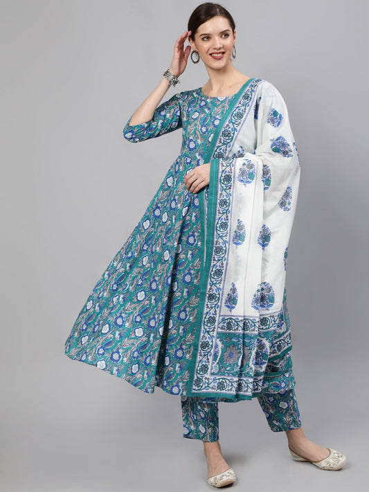 Women Blue Printed Flared Kurta With Plazo & Dupatta | LASVINI - Redefining Indian Fashion with Elegance