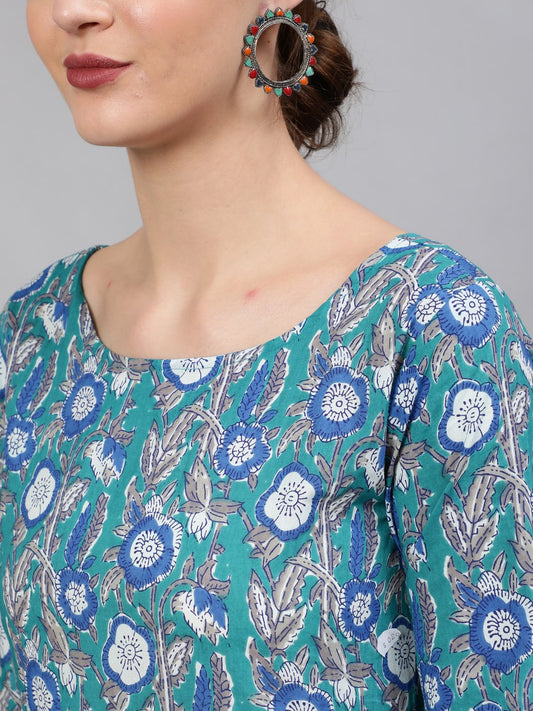 Women Blue Printed Flared Kurta With Plazo & Dupatta | LASVINI - Redefining Indian Fashion with Elegance
