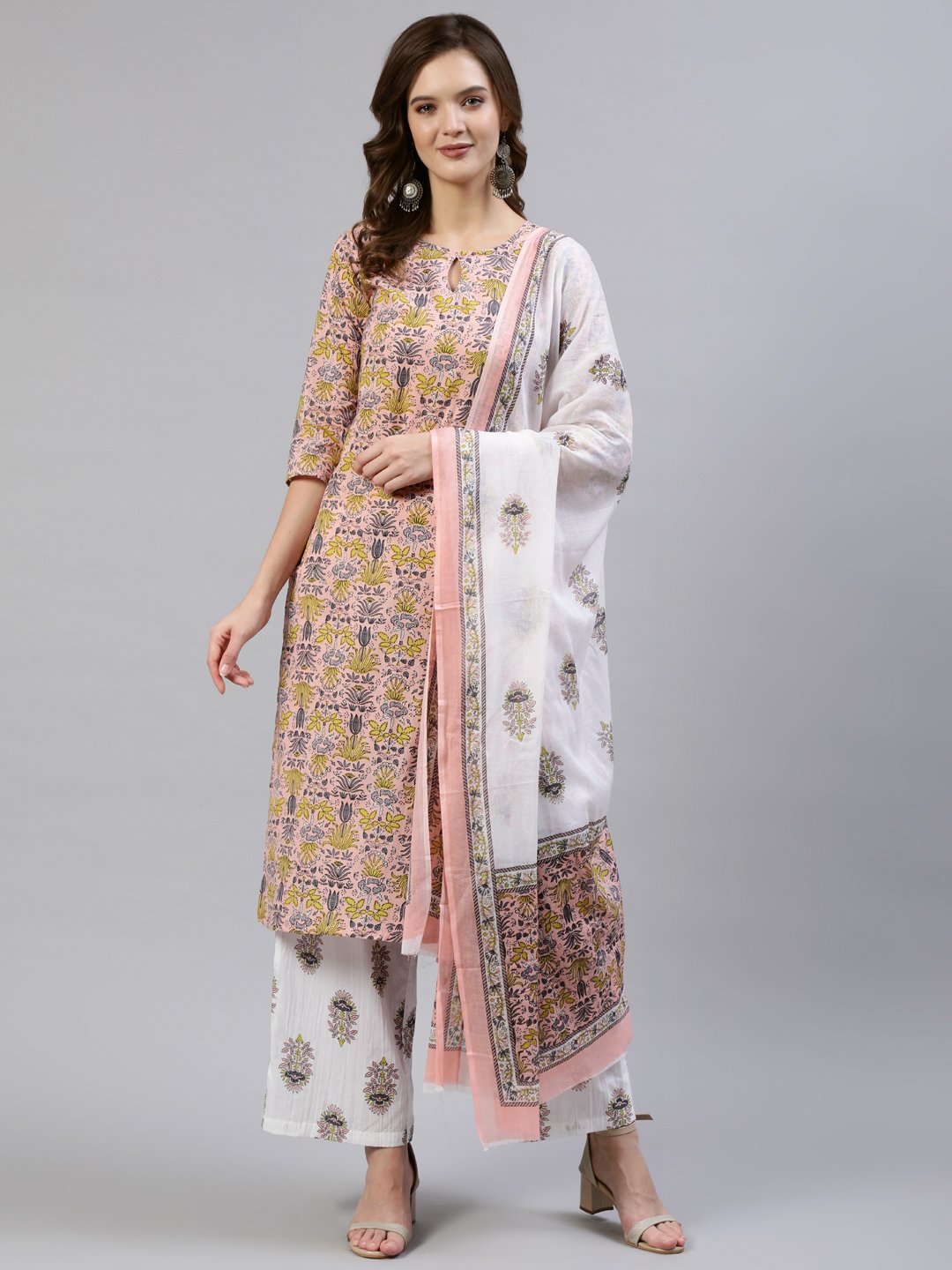 Women Peach Floral Printed Flared Kurta With Trouser & Dupatta | LASVINI - Redefining Indian Fashion with Elegance