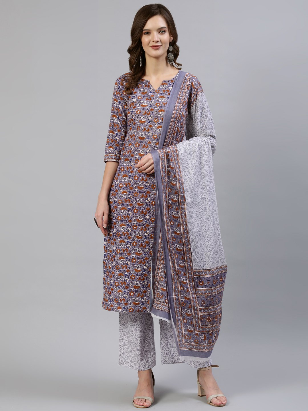 Women Grey Floral Printed Straight Kurta With Palazo & Dupatta | LASVINI - Redefining Indian Fashion with Elegance