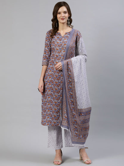Women Grey Floral Printed Straight Kurta With Palazo & Dupatta | LASVINI - Redefining Indian Fashion with Elegance