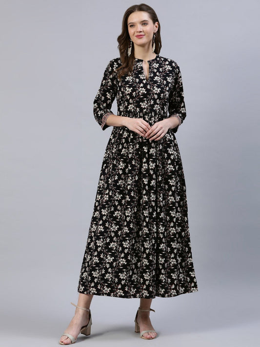 Women Black Floral Printed Dress With Three Quarter Sleeves | LASVINI - Redefining Indian Fashion with Elegance