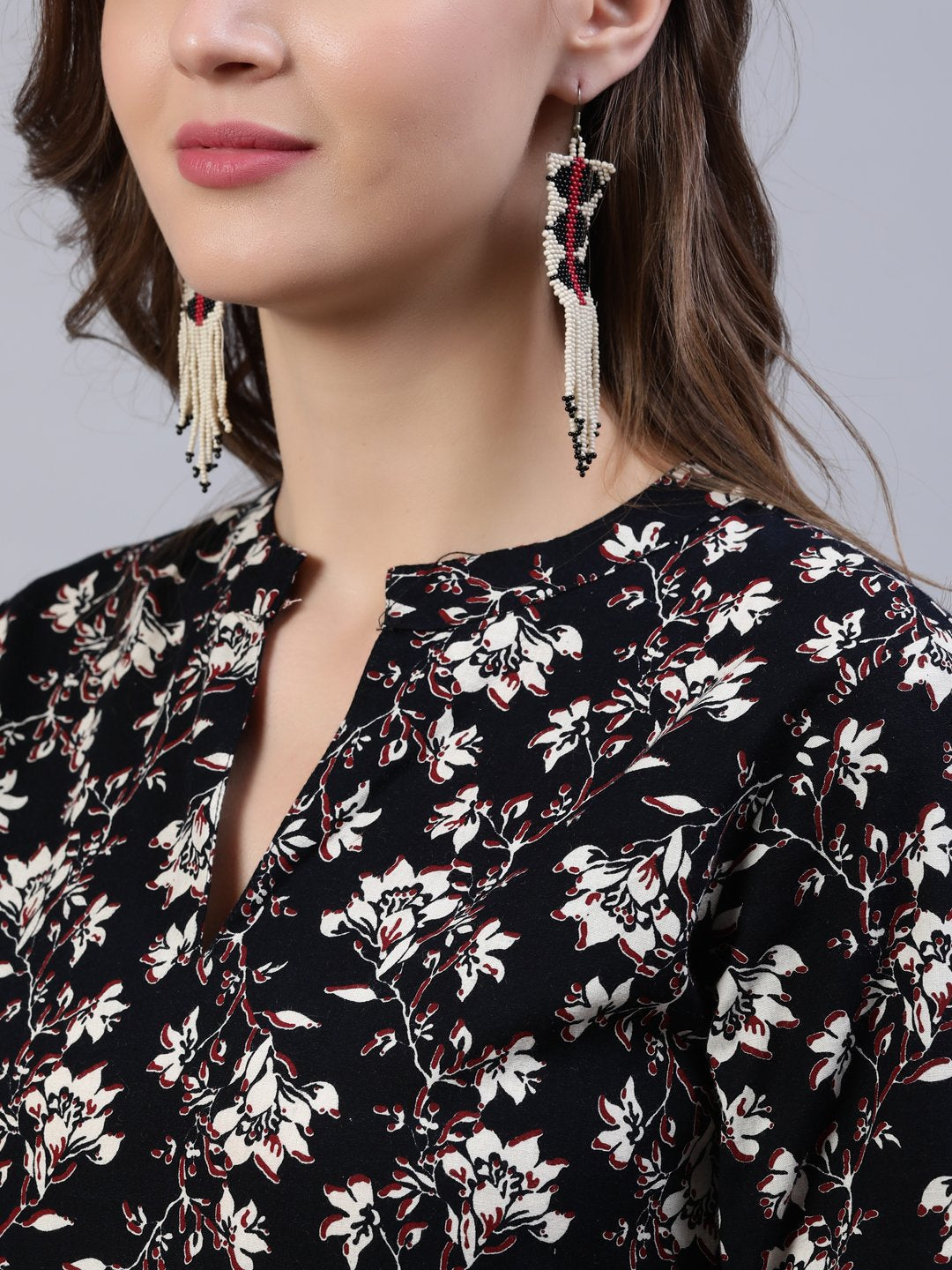 Women Black Floral Printed Dress With Three Quarter Sleeves | LASVINI - Redefining Indian Fashion with Elegance
