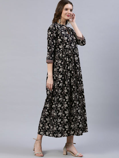 Women Black Floral Printed Dress With Three Quarter Sleeves | LASVINI - Redefining Indian Fashion with Elegance