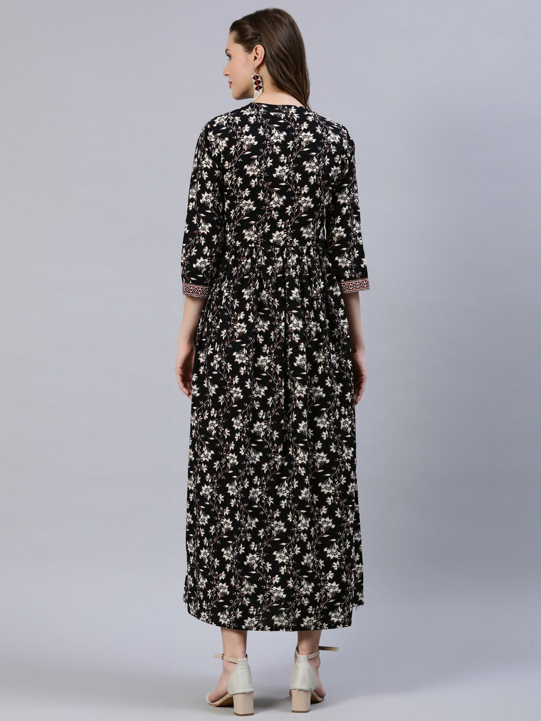 Women Black Floral Printed Dress With Three Quarter Sleeves | LASVINI - Redefining Indian Fashion with Elegance