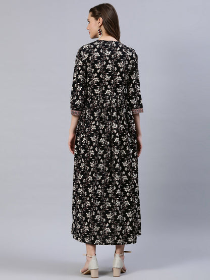 Women Black Floral Printed Dress With Three Quarter Sleeves | LASVINI - Redefining Indian Fashion with Elegance