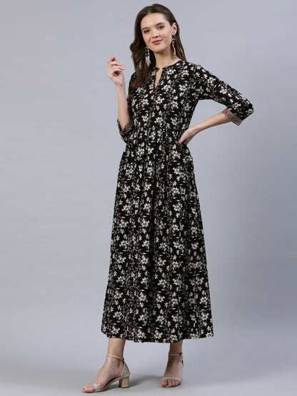 Women Black Floral Printed Dress With Three Quarter Sleeves | LASVINI - Redefining Indian Fashion with Elegance