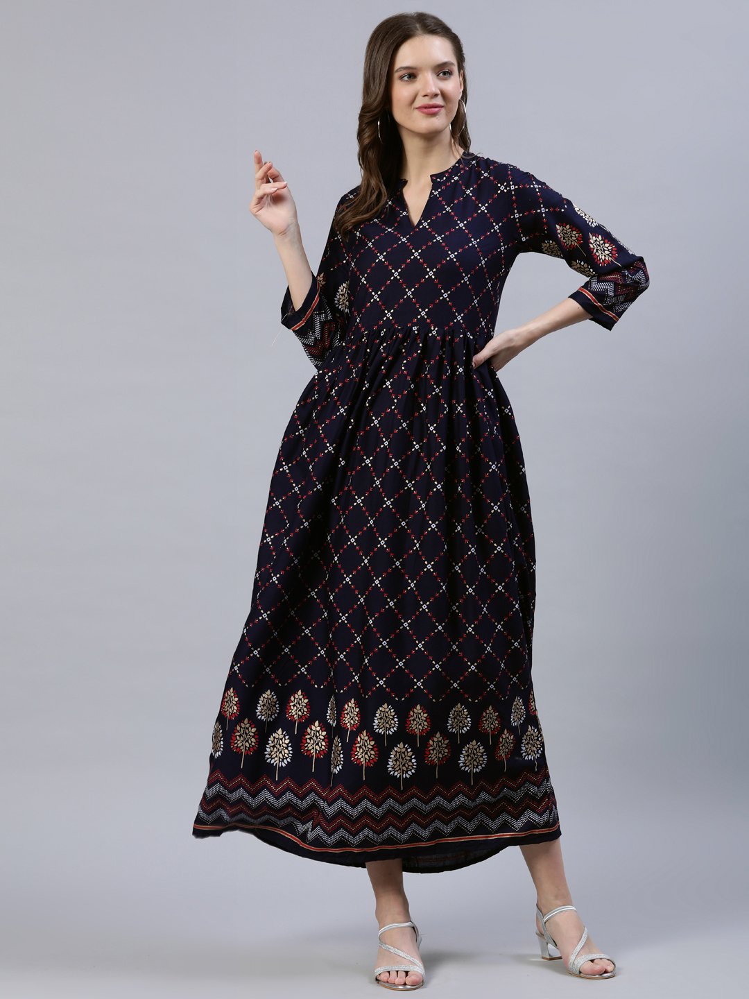 Women Navy Blue Printed Dress With Three Quarter Sleeves | LASVINI - Redefining Indian Fashion with Elegance