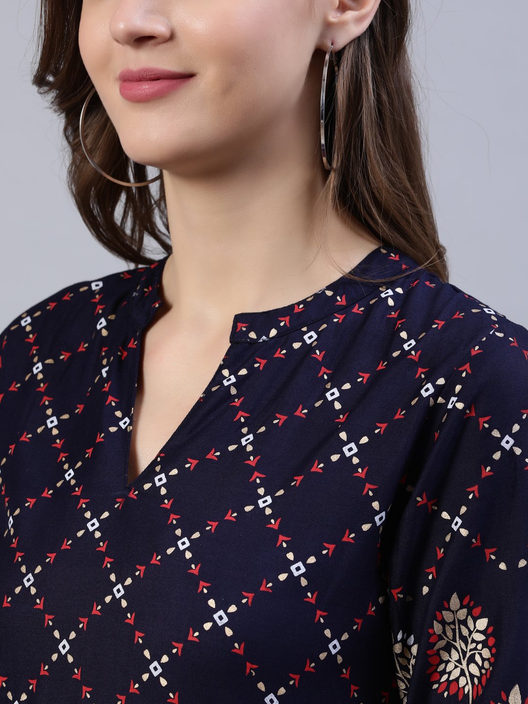 Women Navy Blue Printed Dress With Three Quarter Sleeves | LASVINI - Redefining Indian Fashion with Elegance