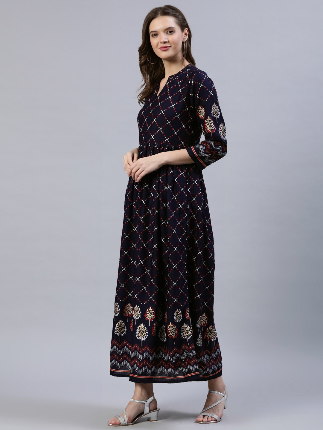 Women Navy Blue Printed Dress With Three Quarter Sleeves | LASVINI - Redefining Indian Fashion with Elegance