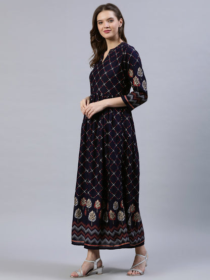 Women Navy Blue Printed Dress With Three Quarter Sleeves | LASVINI - Redefining Indian Fashion with Elegance