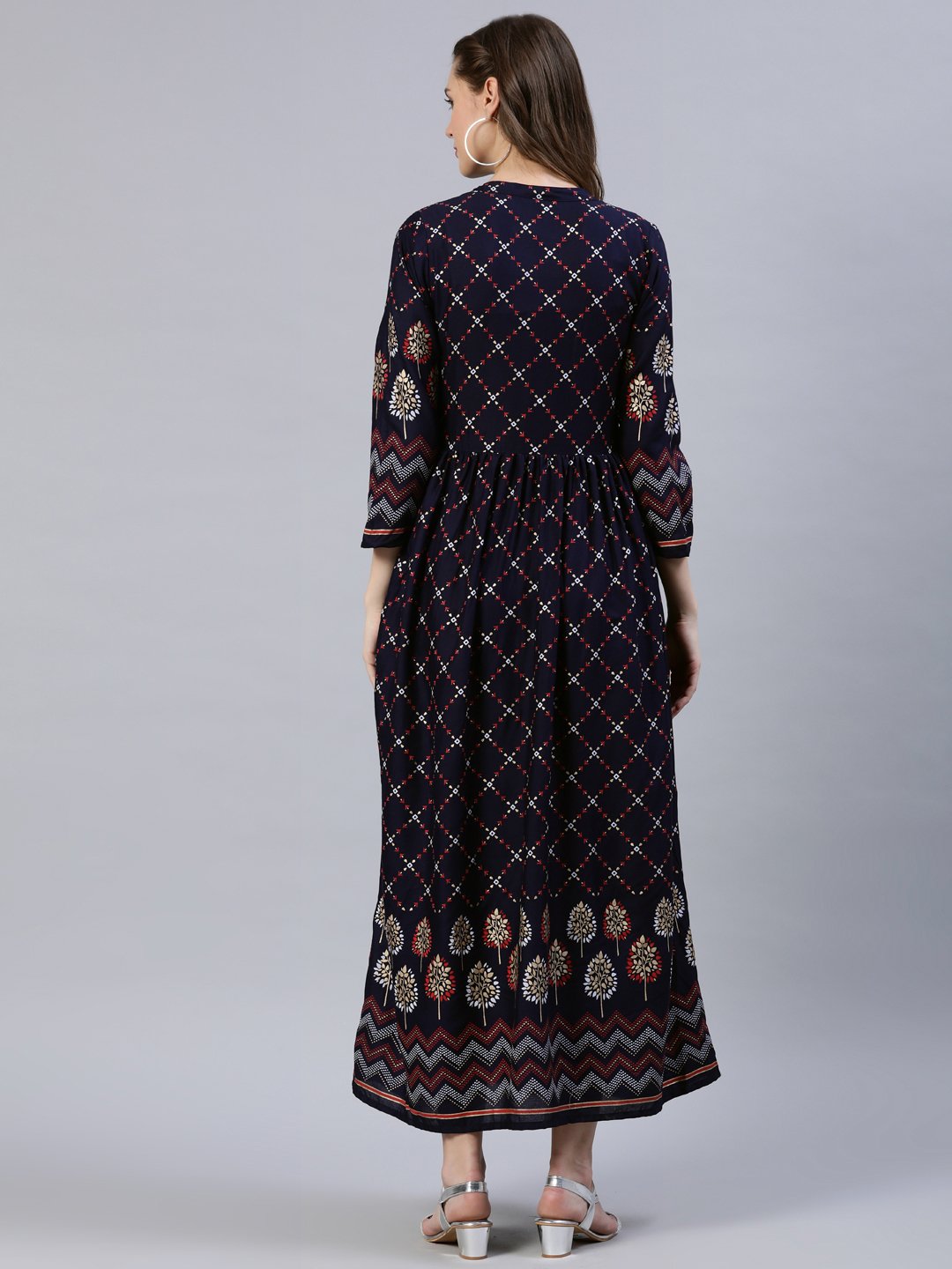 Women Navy Blue Printed Dress With Three Quarter Sleeves | LASVINI - Redefining Indian Fashion with Elegance