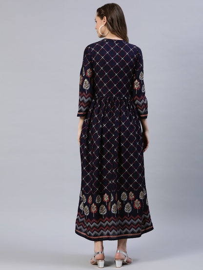 Women Navy Blue Printed Dress With Three Quarter Sleeves | LASVINI - Redefining Indian Fashion with Elegance