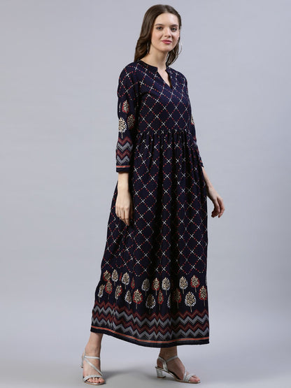 Women Navy Blue Printed Dress With Three Quarter Sleeves | LASVINI - Redefining Indian Fashion with Elegance