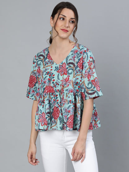 Women Green Printed Top With V Neck & Three Quarter Sleeves | LASVINI - Redefining Indian Fashion with Elegance